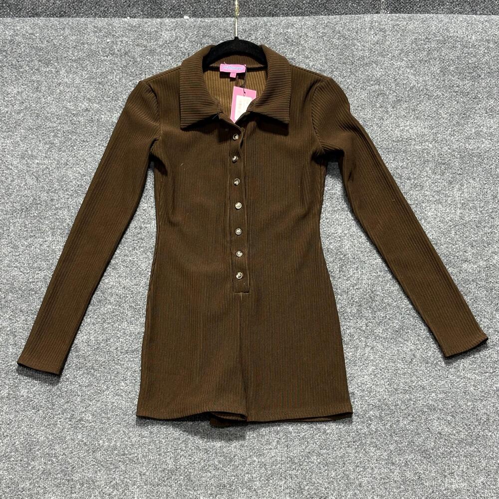 Edikted Romper Womens Small Brown Ribbed Long Sleeve Collared Button Front